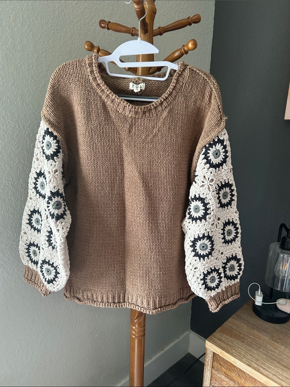 POL Women's Brown Knit Sweater with Crochet Sleeve Detail